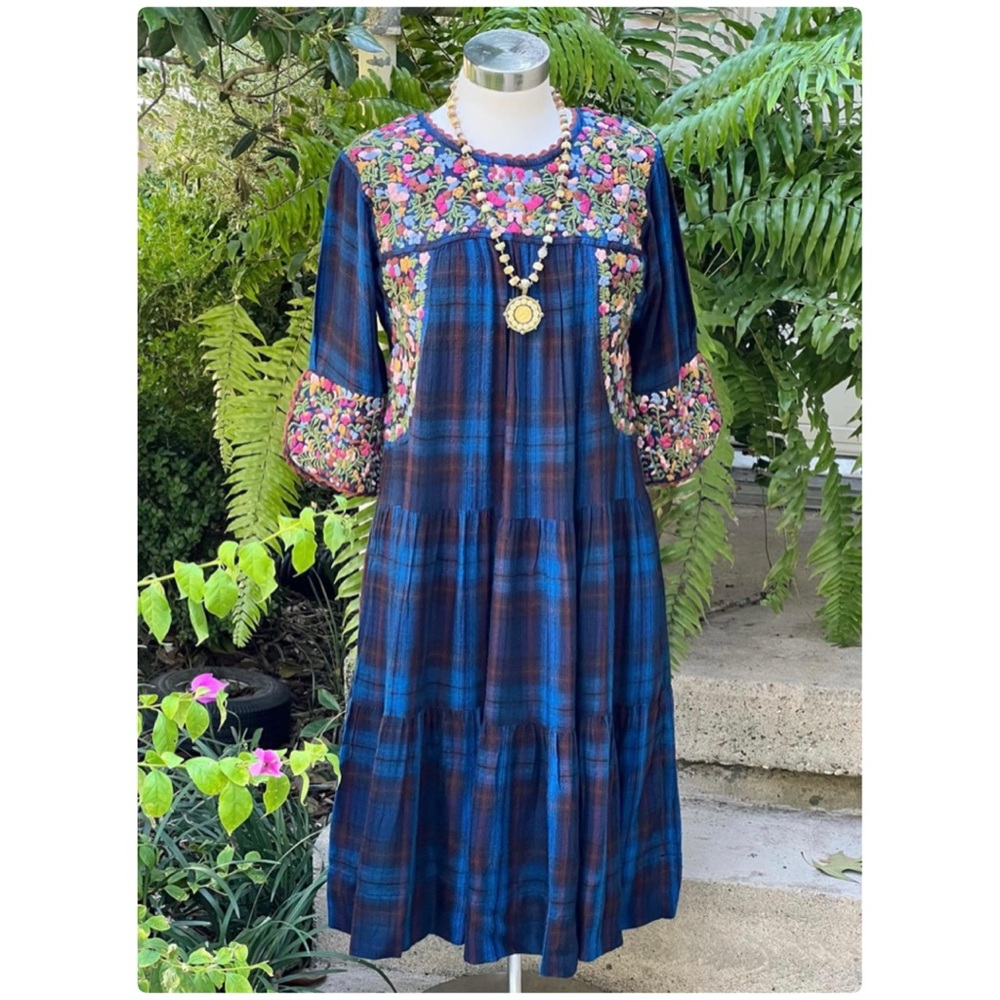 Mary Lou Cobalt Blue Plaid Dress W/ Embroidery